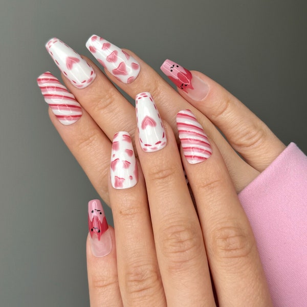 Yummy Strawberry Pink White Cat Nail Design Press on Nails Spring / Summer Season 2024 , Reusable Gel Tips with Hand Painted Cats on