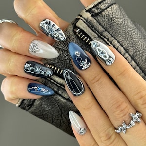 Navy Blue Ice Silver Freestyle Press on Nails Chrome Rich Color Winter style Reusable Gel Tips Fake Nails