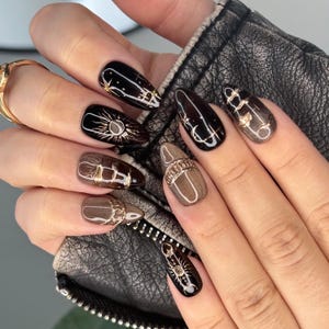 Rich Bronze Press on Nails Celestial Mystical Sun/Moon Nails Brown Fall Season Witchy Vibe Fake Nails Reusable Gel Tips.
