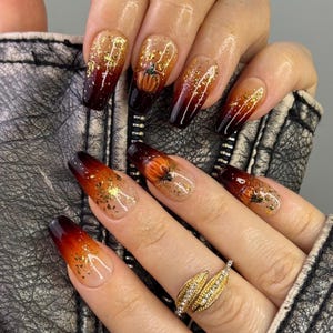 Pumpkin Press On Nails Fall Ombré Glitter Nails Autumn Halloween Fake Nails Thanksgiving Nail Set.