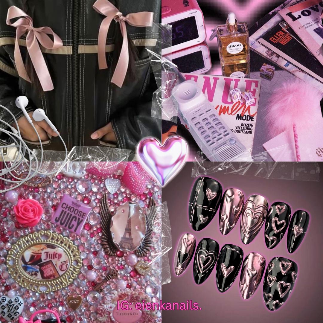 Chrome Y2K Valentines Day Black Pink Hearts Press on Nails