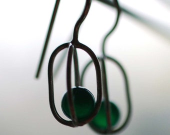 Gravity Collection: Sterling Silver Earrings with Floating Green Onyx - Free Domestic Shipping