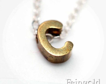 Letter C Necklace - Tiny Initial - Vintage Brass Initial Pendant on Sterling Silver Chain - Free US Shipping