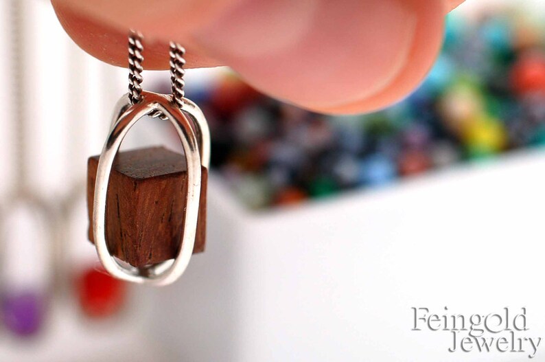 Silver Necklace with Floating Wood Cube Sterling Silver 18 Inch Chain Free US Shipping image 5