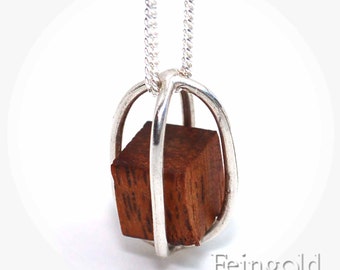 Silver Necklace with Floating Wood Cube - Sterling Silver 18 Inch Chain - Free US Shipping