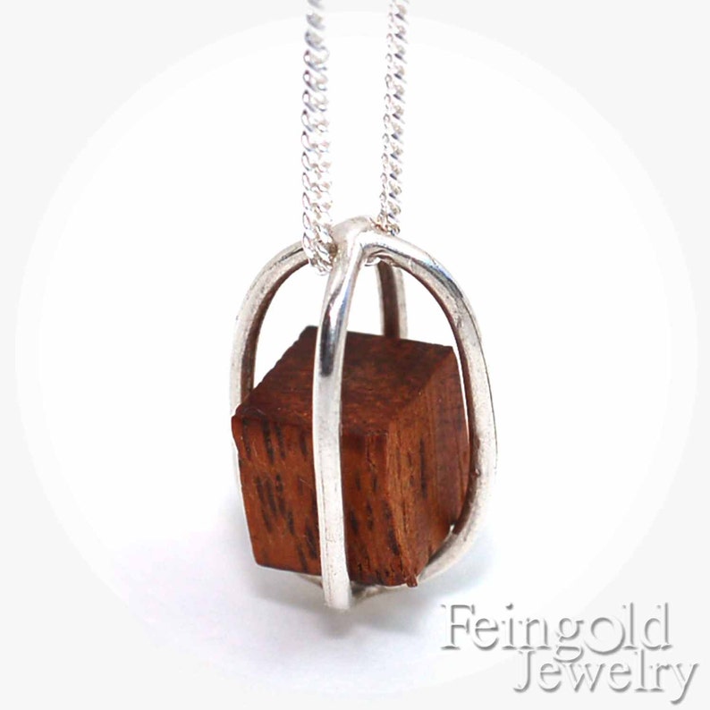 Silver Necklace with Floating Wood Cube Sterling Silver 18 Inch Chain Free US Shipping image 1