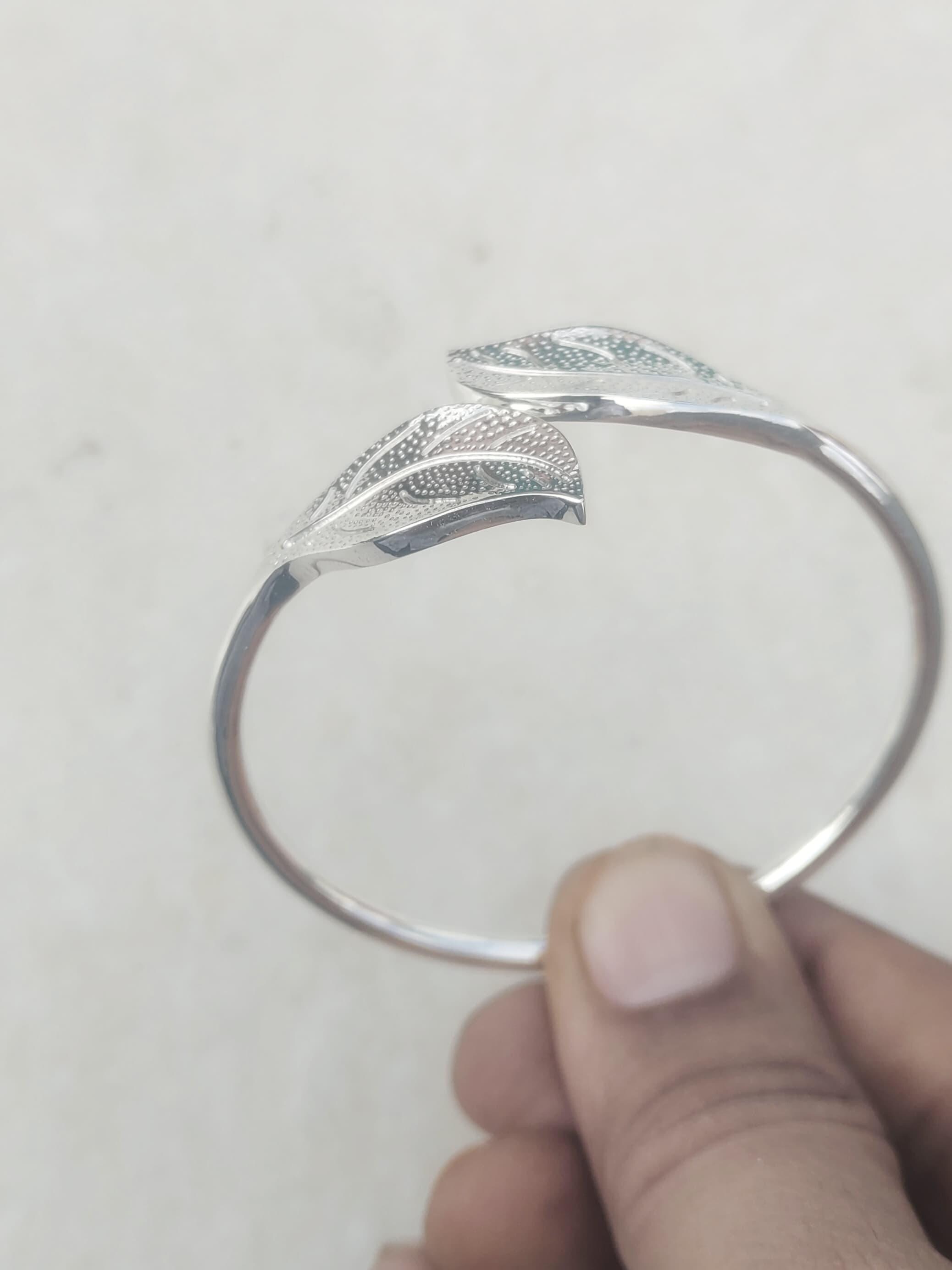 Leaf Sterling Silver Bangle: Adjustable Handmade Botanical