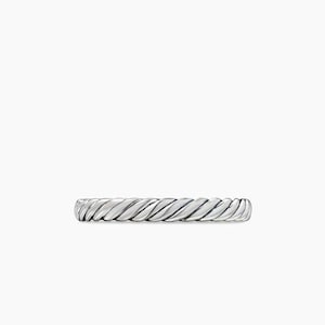 May include: A silver-colored ring with a twisted rope design. The ring is a band style, with a continuous pattern of interwoven lines. The ring is shown against a white background.