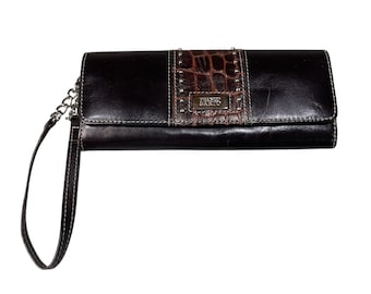 Franco Sarto Wallet Wristlet Brown Faux Leather Studded Classy Silver Chain