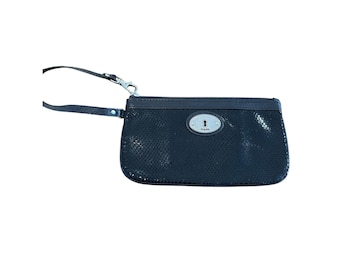 Fossil Purse  Pebbled Snakeskin zip Wristlet clutch Black with strap