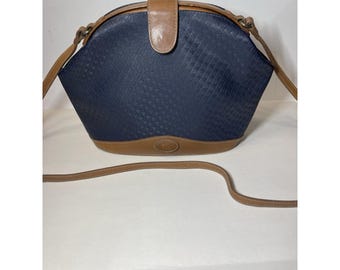 Vintage 1988 Liz Claiborne Textured Navy Dome Womens Purse Bag Leather Trim 80s