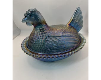 Vintage Indiana Glass Hen On Nest Candy Dish in Iridescent Blue Excellent HON