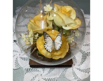 Vintage Taxidermy Butterfly Glass Dome With Silk Flowers Wood Base