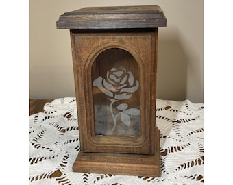 Vintage Wooden Candle Luminary Holder With Glass Flower Box Decor