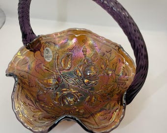 Fenton Art Glass Ruffled Basket Purple Carnival Glass Floral Twisted Handle USA