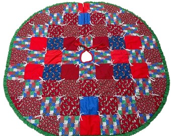 vintage handmade patchwork Christmas tree skirt Hand Ties