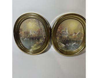 VTG HOMCO Lot Of 2 Swan Lake  And Church Oval Gold Wall Pictures 7.5"