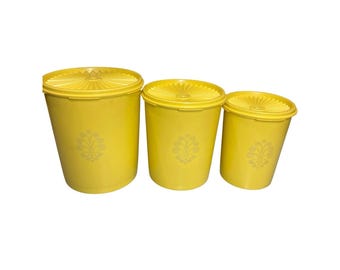 Juego de 3 recipientes apilables Tupperware amarillos vintage de los años 70 (807, 809, 811) estilo retro.