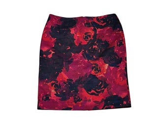 Ann Taylor Midi Pencil Skirt Size 10 Roses Floral Red Black Business Classy