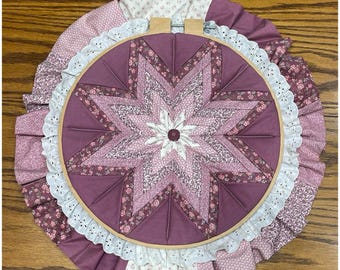 Handcrafted Quilted Fabric Wall Hanging Embroidery Hoop Lace Trim Cottage 20"