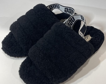 Ugg Fluff Yeah Sling black Fluffy Slippers Womens Size 7