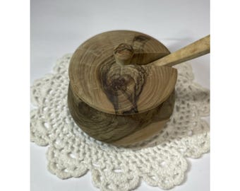 Vintage Handcrafted Wood Salt Cellar Sugar Bowl with Lid and Spoon 3 Piece Set