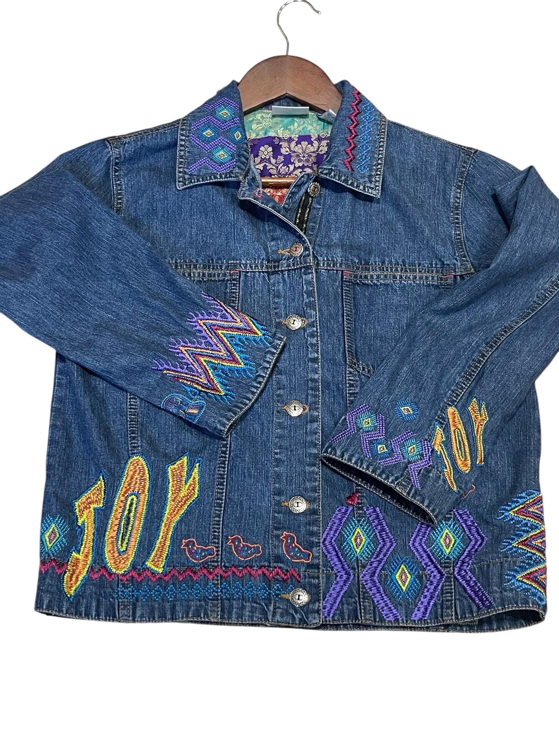 ジャケット・アウター 90s chico's design denim jacket y2k Vintage Chico's Design Denim Jacket With Silk Batik Flower