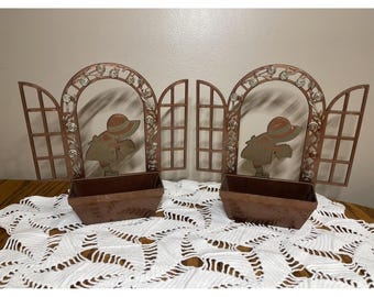 2 Vintage Bernard Edward Co Planter Wall Pocket Girl Gardening Plastic Bronze