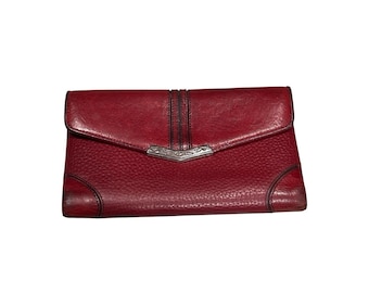 vtg brighton Red Leather Wallet Clutch Trifold Silver Hardware Card Slots Hooks