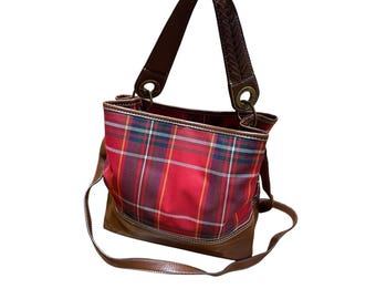 Vintage Tommy Hilfiger Bucket Purse Red Plaid Brown Trim 90s Mom Bag