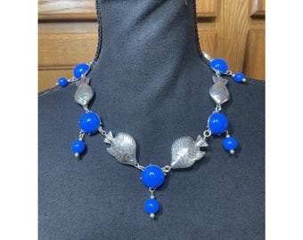 Vintage Blue Beaded Silver Tone Fish Statement Neckless Dangle Costume