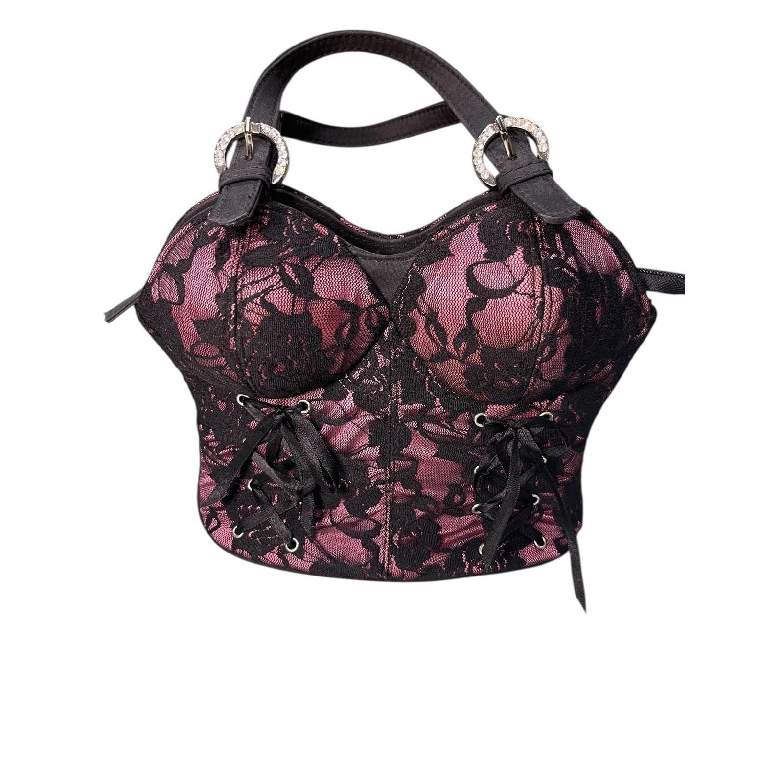 Y2K 2000s Black Pink Lace Bustier Corset Mini Purse Bag Top Handle