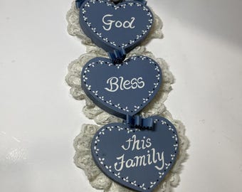 wall plaque heart wooden sign God Bless This Family Painted Cottage Core Lace