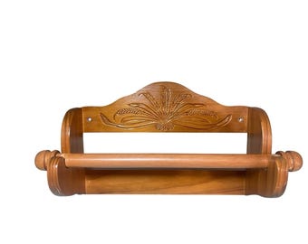 Vintage Wooden Paper Towel Holder Wall Mounted Oak Wood Rustic Cottage Core