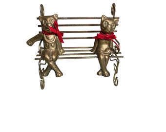 Brass Cats Kittens Sitting Cross Leg Metal Bench Red Ties Taiwan Pair Trinket