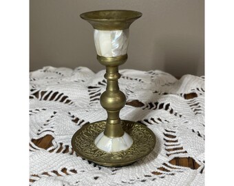 Vintage Mother of Pearl Brass Candlestick Holder Gold Detailed