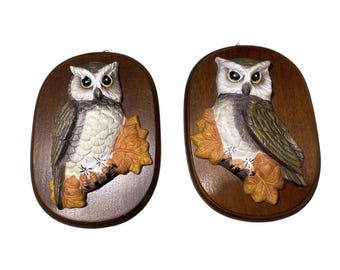 Vintage Ceramic Wood Mounted Owl Wall Art Retro 70s Cottage Taiwan Decor