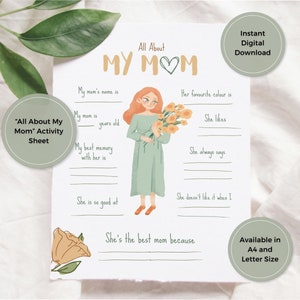All About My Mom Printable, Mother’s Day Activity, Fill in the Blanks, School Activity, Mom Birthday Gift