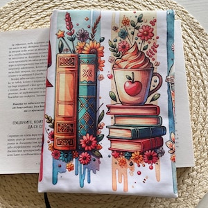 Couverture de livre Chocolat chaud, pochette arc-en-ciel, jaquette de livre sur mesure, accessoires de livre, couverture de livre matelassée, cadeau pour les amoureux des livres, sac à livres