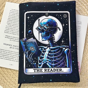 The Reader Tarot Card Book Cover, Skull Book Sleeve, Custom Size Book Jacket, Book Accessories, Padded Book Cover, Book Lover Gift, Book Bag