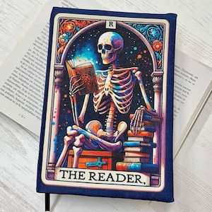 The Reader Tarot Card Book Cover, Skull Book Sleeve, Custom Size Book Jacket, Book Accessories, Padded Book Cover, Book Lover Gift, Book Bag