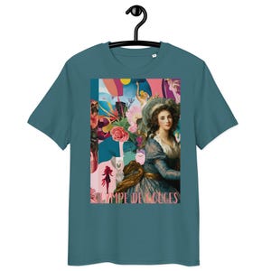 Peut inclure: Un t-shirt bleu sarcelle avec un imprimé de collage coloré mettant en scène une femme en robe bleue et le texte "OLYMPIE DE GOGES".