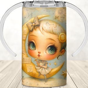 Childs Moon Design, Girls 12oz Kids Flip Top Sippy Cup Wrap, Gift for Girl Sublimation Design, Celestial Sippy Cup PNG, Digital Download