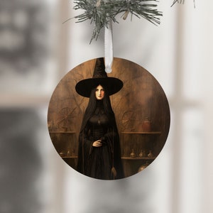 Witch Christmas ornament PNG, Yule Ornament for Gothic Christmas Halloween Tree, Vintage Witch in a Black Cloak