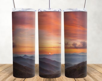 Southern Sunset Mountain Tumbler Wrap 20 oz Skinny Sublimation Design Nature Scene Forest Tennessee Camping PNG Seamless Appalachia Home KY