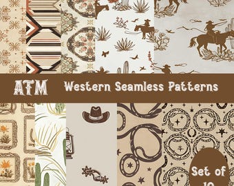 Peut inclure: Dix motifs sans couture sur le thème de l'Ouest, dans des tons de marron, beige et crème. Les motifs comprennent des cow-boys, des cactus, des chapeaux de cow-boy et des formes géométriques. Le texte "ATM Western Seamless Patterns" est affiché.