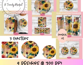 Sunflower and Rose Sublimation Bundle of 9 Design Products Coasters Earrings Windspinner Shirt Tumbler Gift for Mom Abstract Watercolor Art