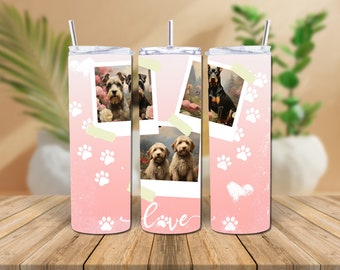 Pink Ombre Custom Photo Pet Tumbler Wrap Memory Cup Three Photo Grid Dog Pics Cat Memorial PNG 20 oz Skinny Full Commercial Use Personalized