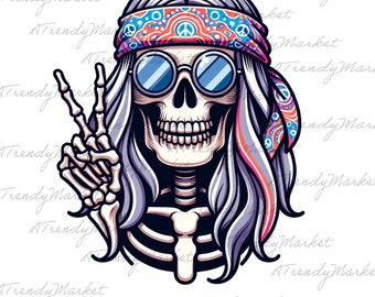 Cool Retro Sublimation Design PNG Hippie Skeleton Mug Motivational Vintage 60 70 Clip Art Groovy T-Shirt Design Lennon Glasses Bandana Baha