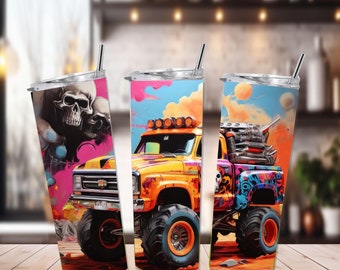 Off Road Monster Truck Tumbler Wrap Fathers Day Gift Yellow Pickup, 20oz Tumbler Wrap Skinny Straight PNG, Boys Camping Tumbler Wrap Summer